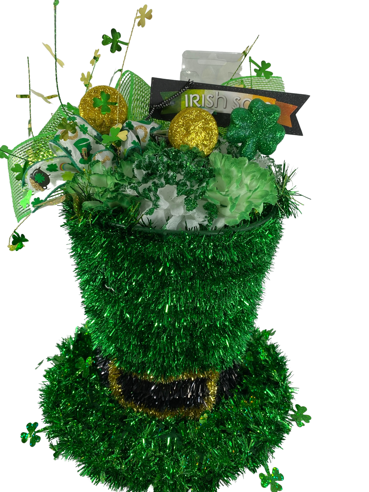 AGD St Patrick's Decor - Large Green Lighted Tinsel Tophat Centerpiece