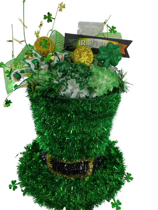 AGD St Patrick's Decor - Large Green Lighted Tinsel Tophat Centerpiece