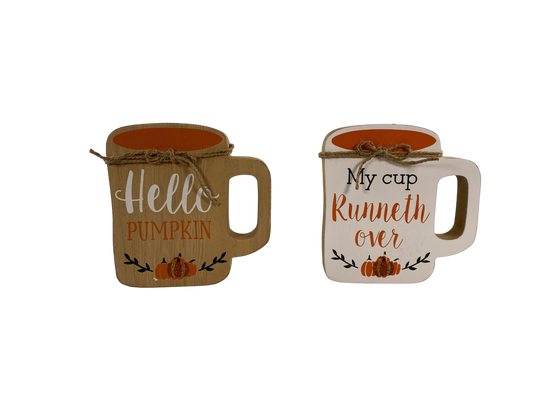 AGD Fall Decor - Chunky Wood Hello Runneth Over Mug Coffee Cup 2pc