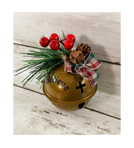 AGD Christmas Decor - Believe Faith Cross Brown Bell Ornament