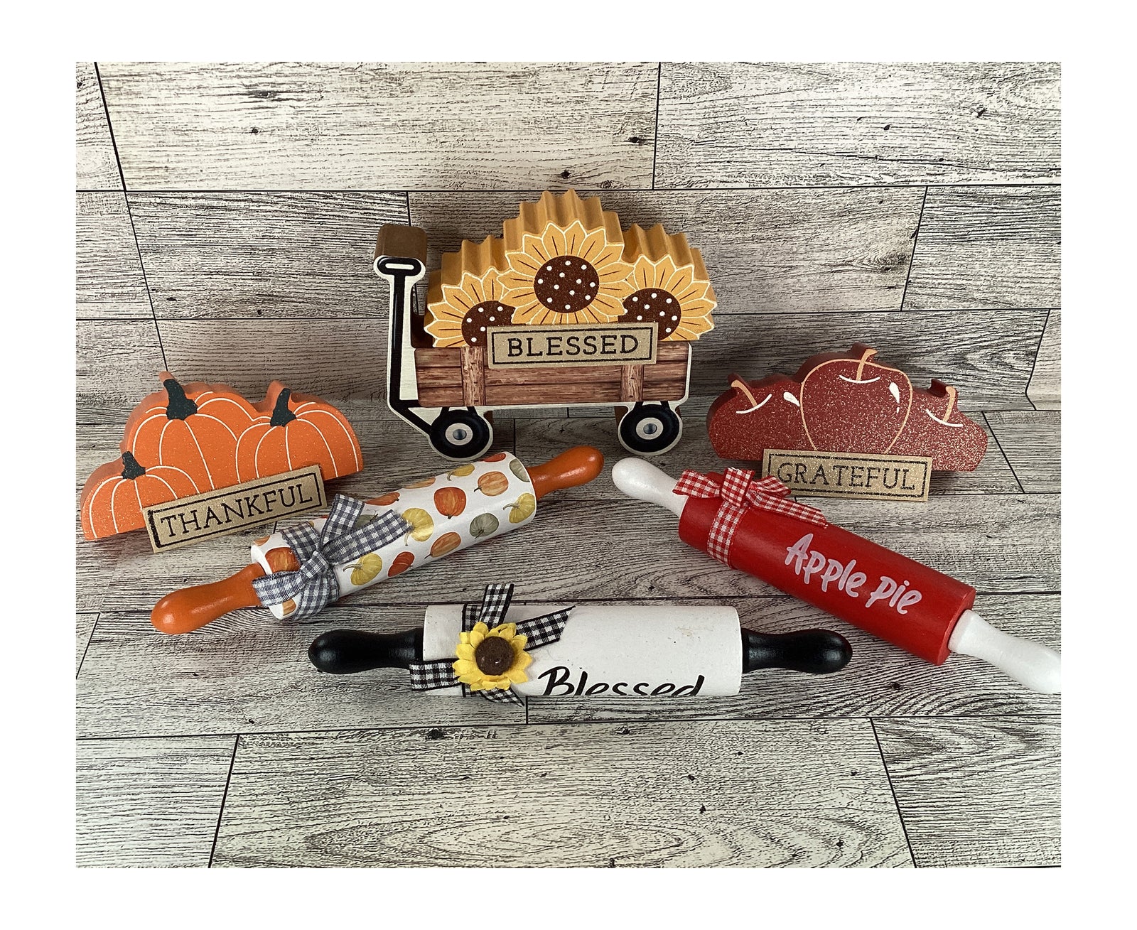 AGD Fall Decor - Chunky Wood Wagon Apple Sunflower Pumpkin Tier Tray