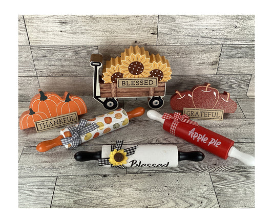 AGD Fall Decor - Chunky Wood Wagon Apple Sunflower Pumpkin Tier Tray