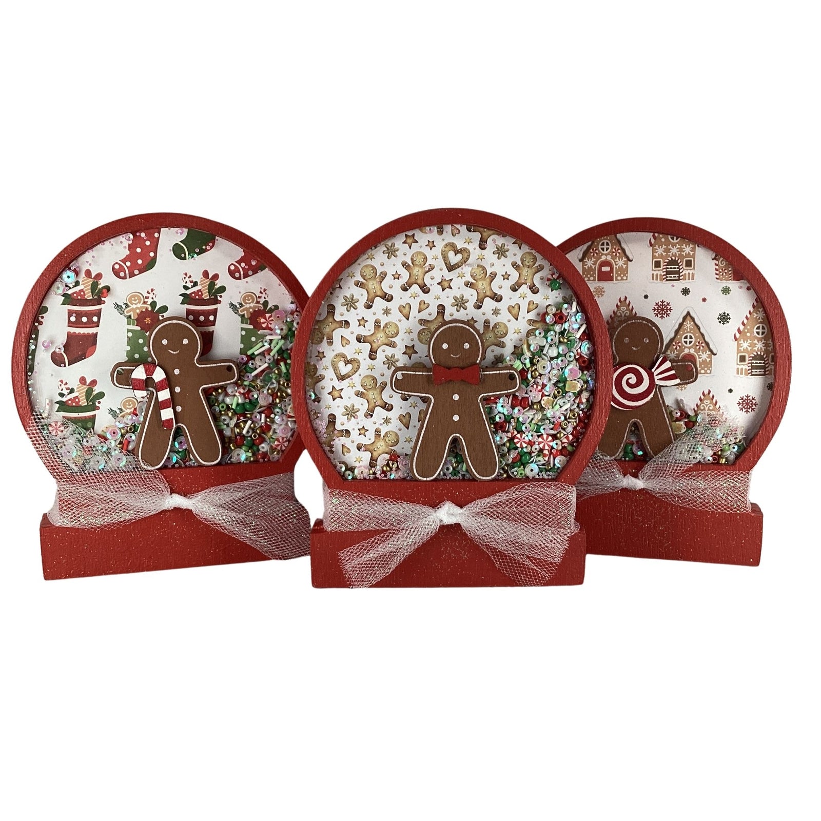 AGD Christmas Decor - Gingerbread Man Dry Snow Globe Wood Shaker 3pc Set
