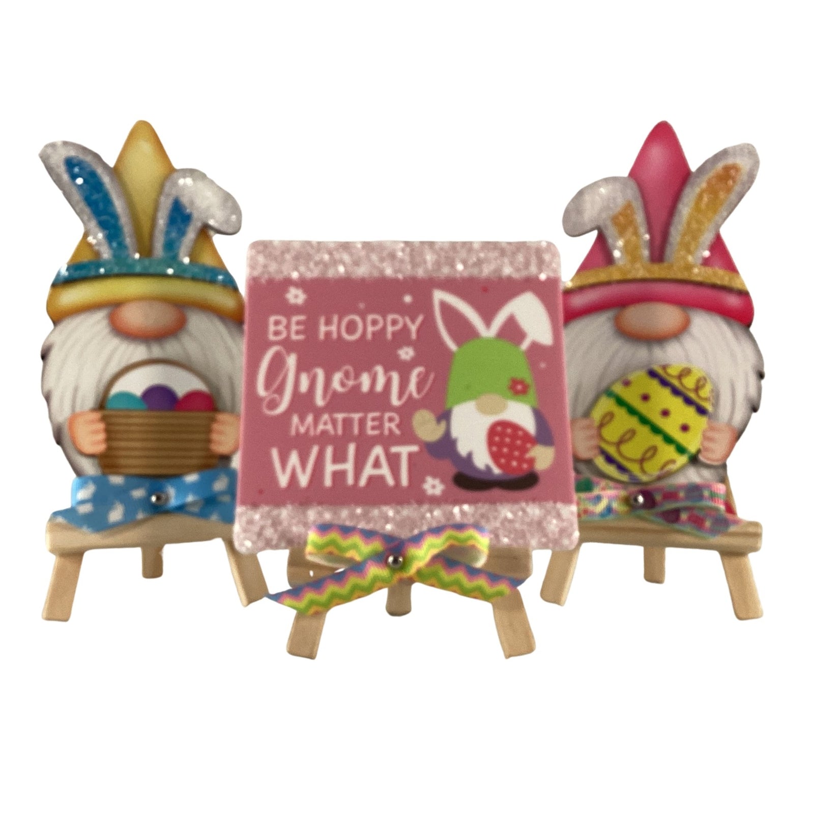 AGD Easter Decor - Wood Gnome Glitter Bunny Rabbit Tier Tray 3pc Set