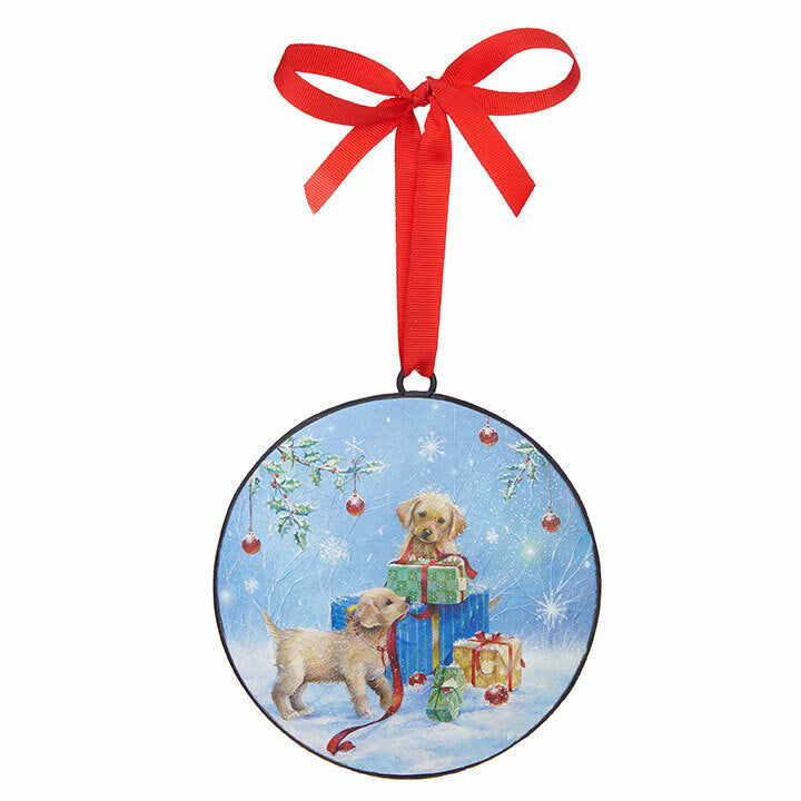 RAZ Imports Christmas Decor - Metal Disc Puppy with Presents Ornament