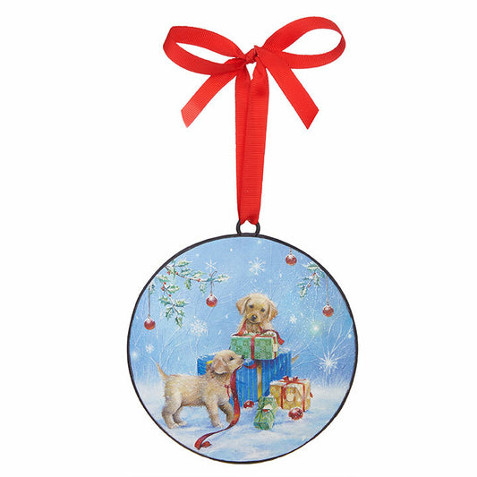 RAZ Imports Christmas Decor - Metal Disc Puppy with Presents Ornament