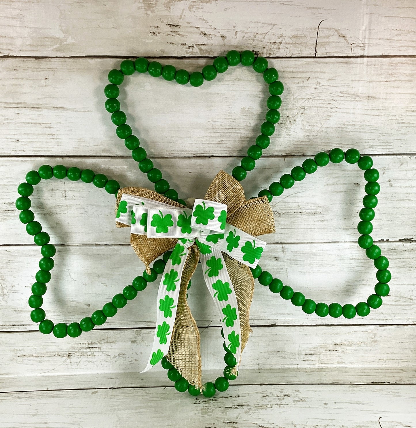 HL St Patrick's Craft Supplies - Wood Green Beaded Shamrock Wall Decor 3pc