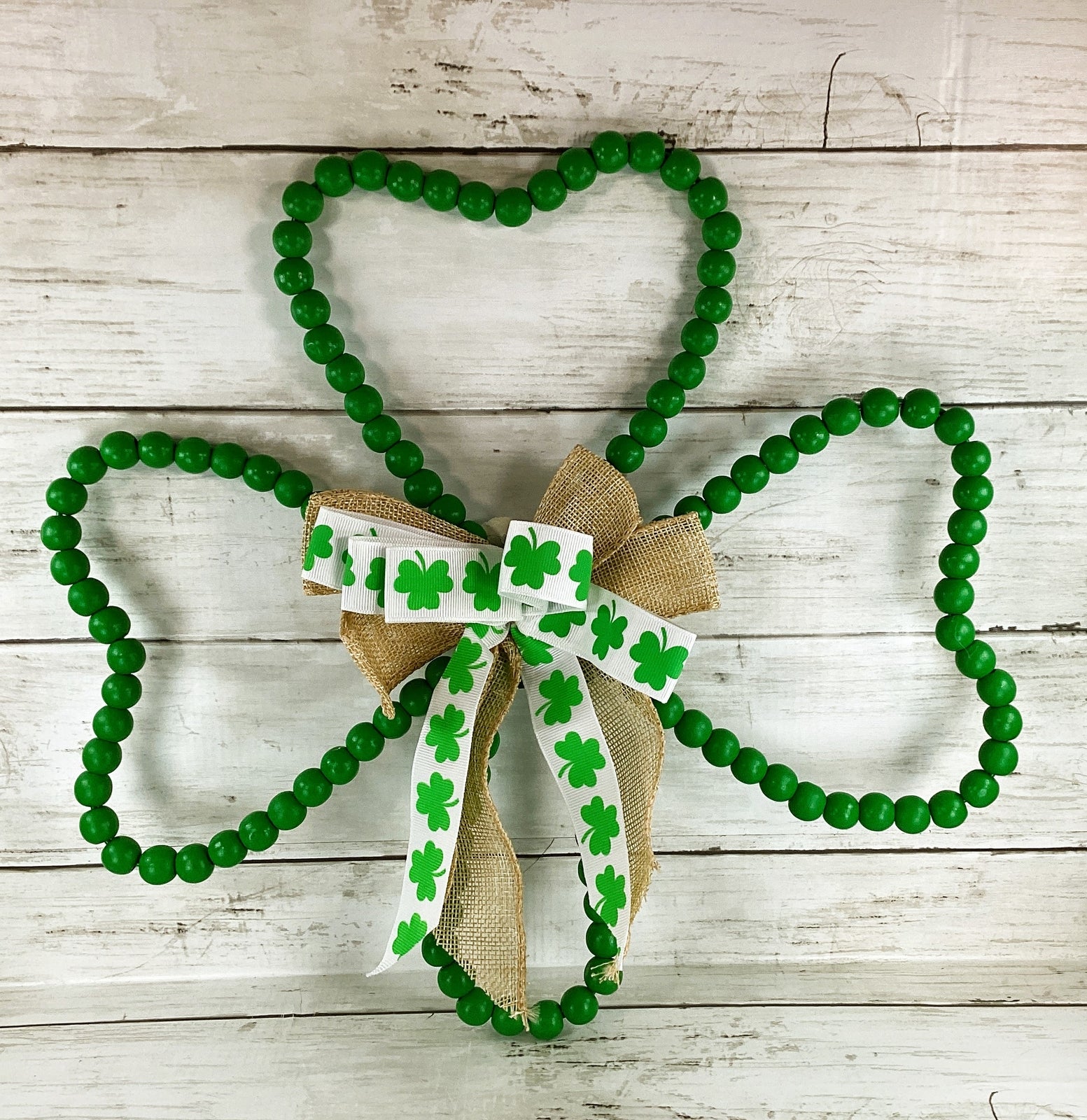 HL St Patrick's Craft Supplies - Wood Green Beaded Shamrock Wall Decor 3pc