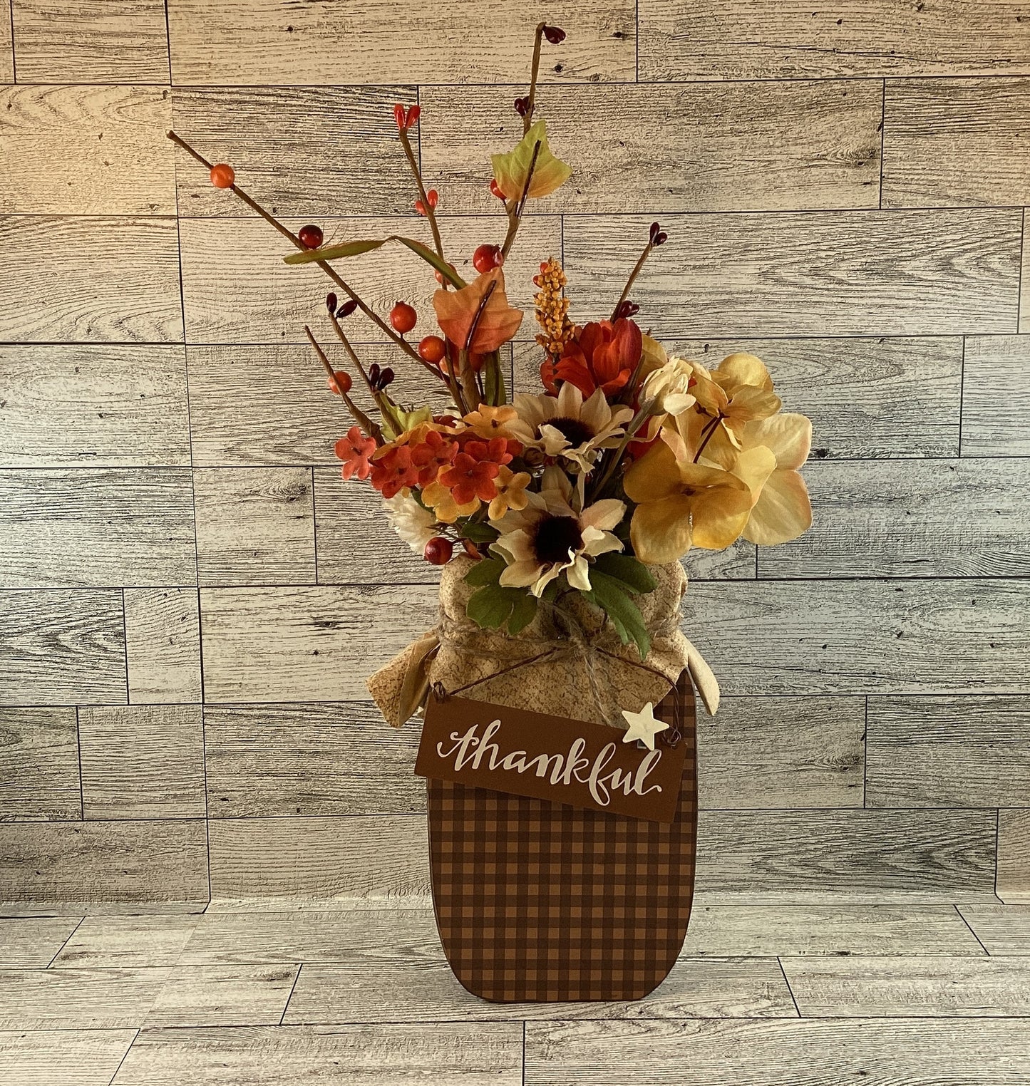AGD Fall Decor - Autumn Grateful Thankful Floral Wood Mason Jar Display
