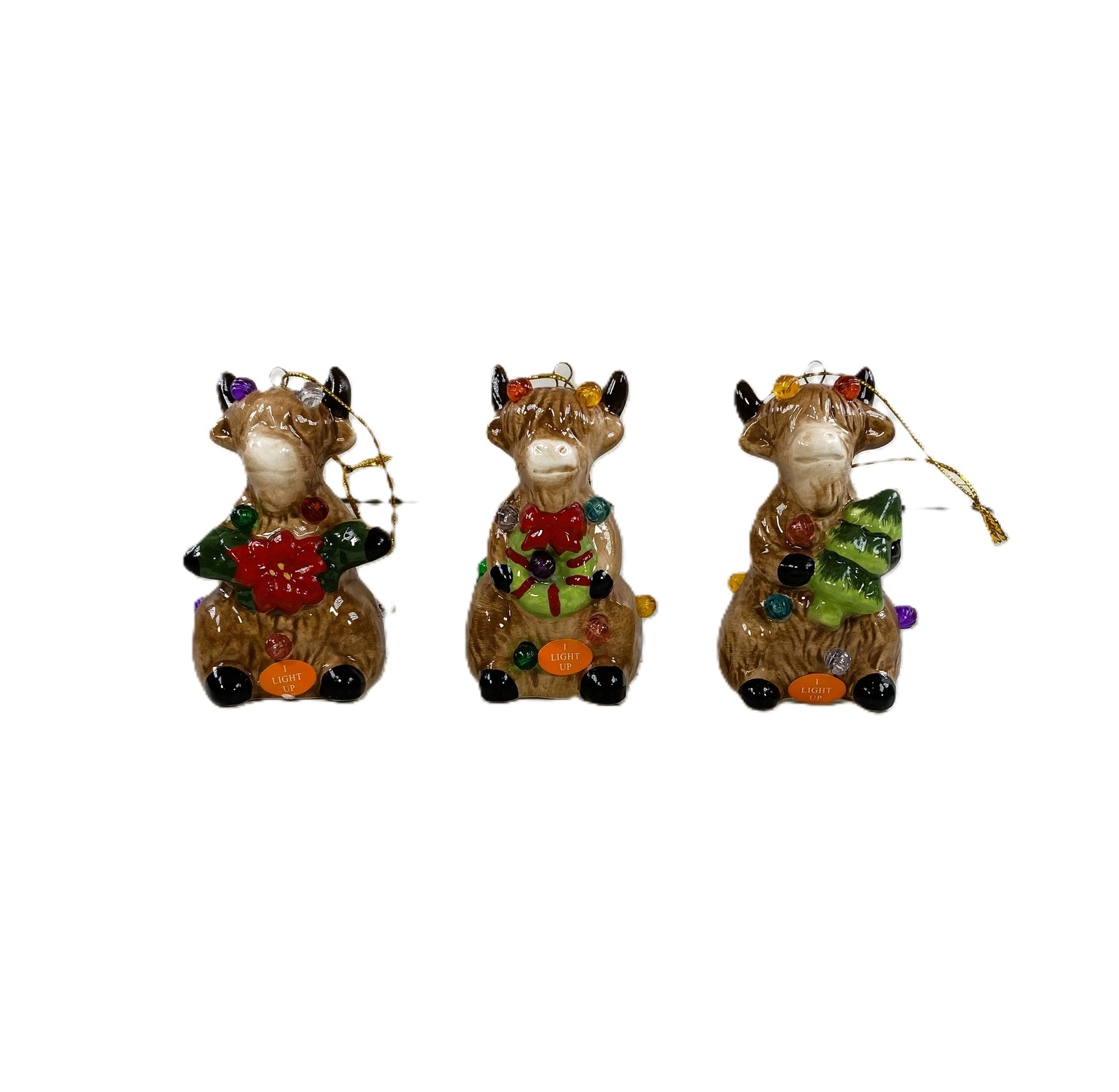 CWI Christmas Decor - Ceramic Lighted Highland Cow Figurines 3pc Set