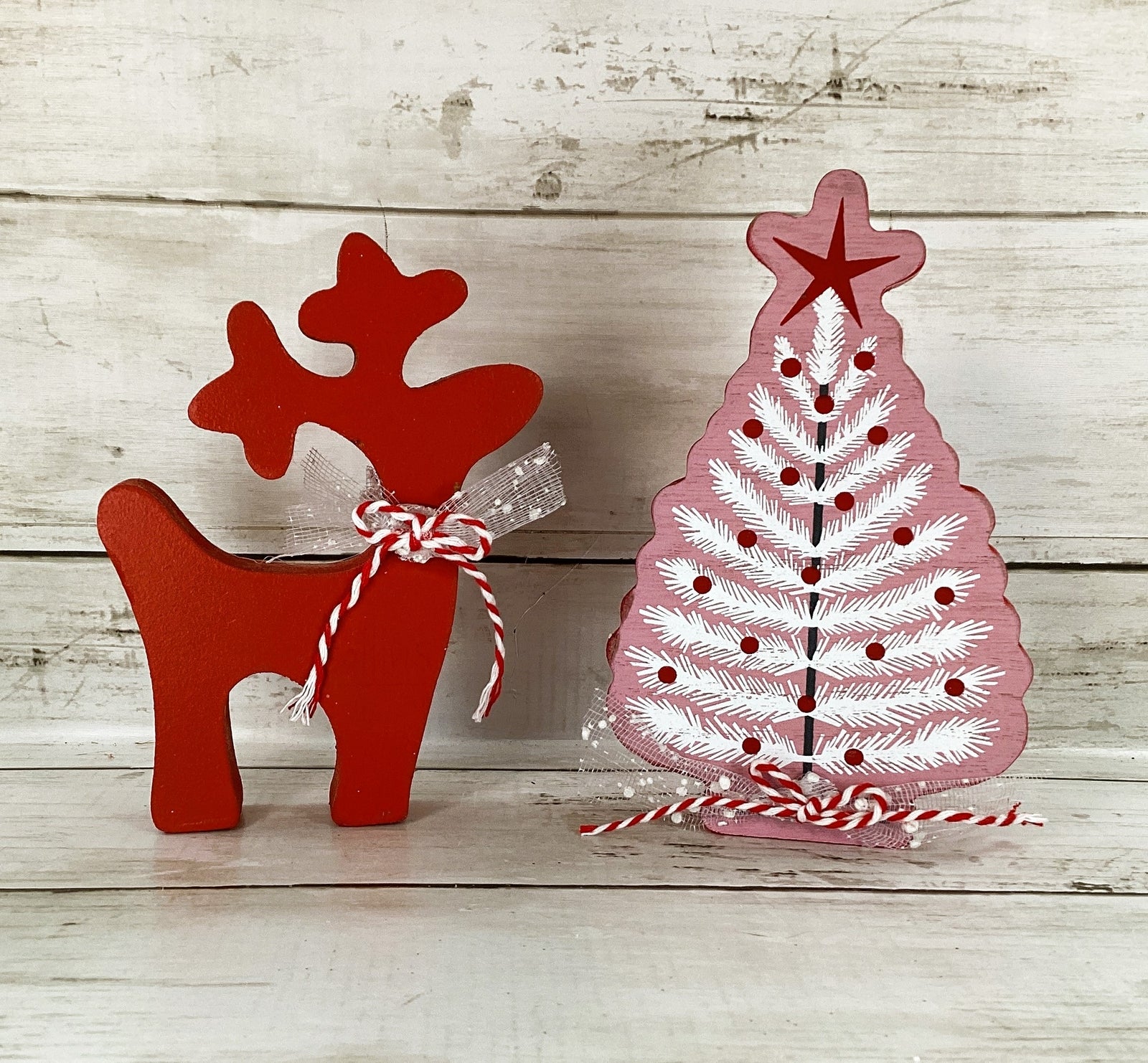AGD Christmas Decor - Pink Red Mid Century Tree SM Reindeer Display 2pc