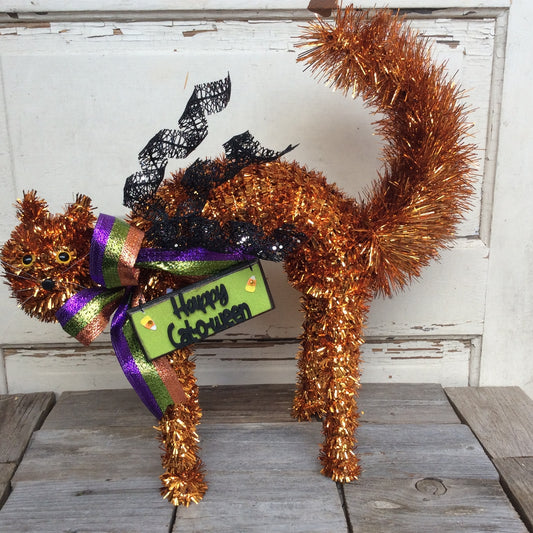 AGD Halloween Decor - HAPPY CAT-O-WEEN Tabletop Orange Tinsel Cat