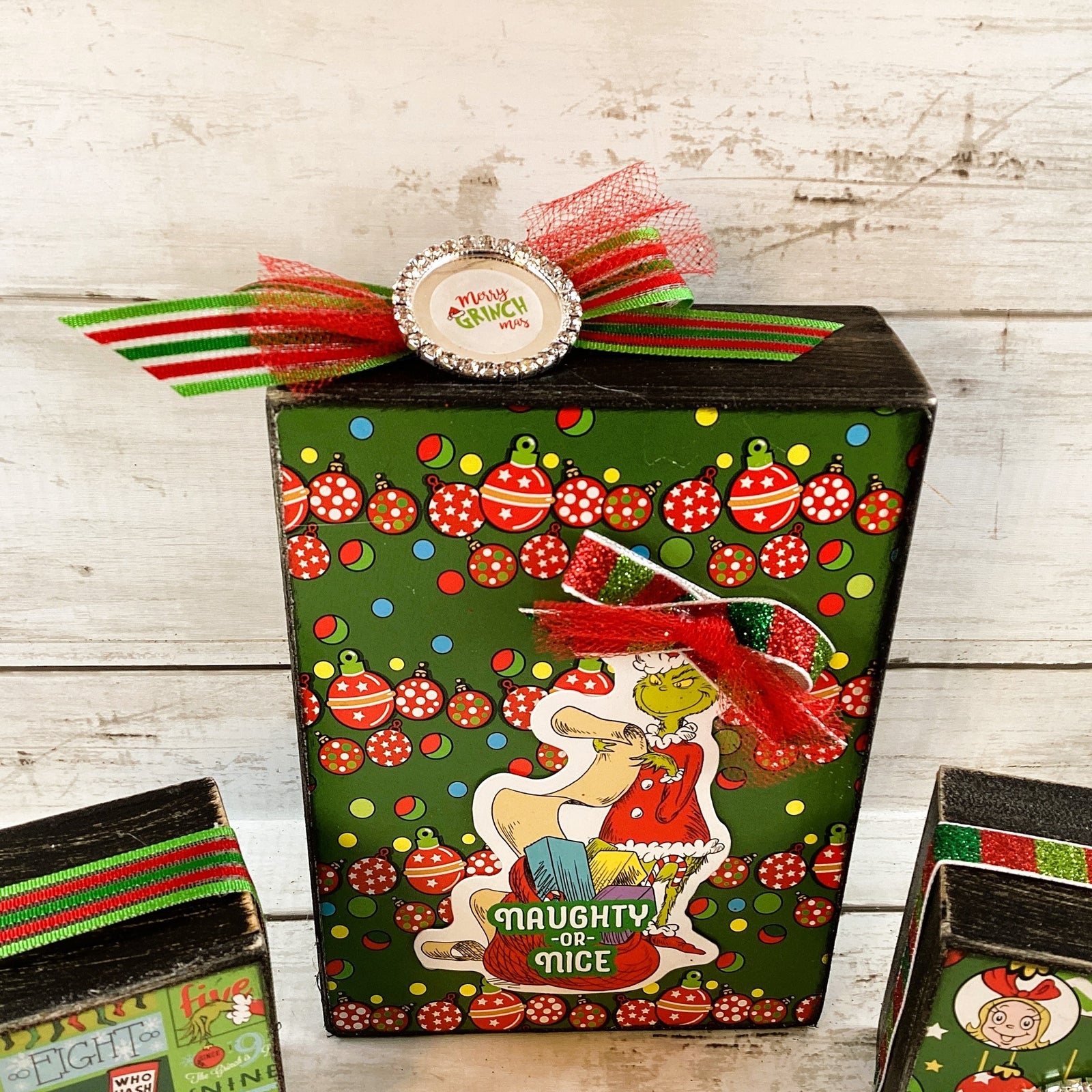 AGD Christmas Decor - Whimsy Green Monster Wood Gift Box Signs 3pc