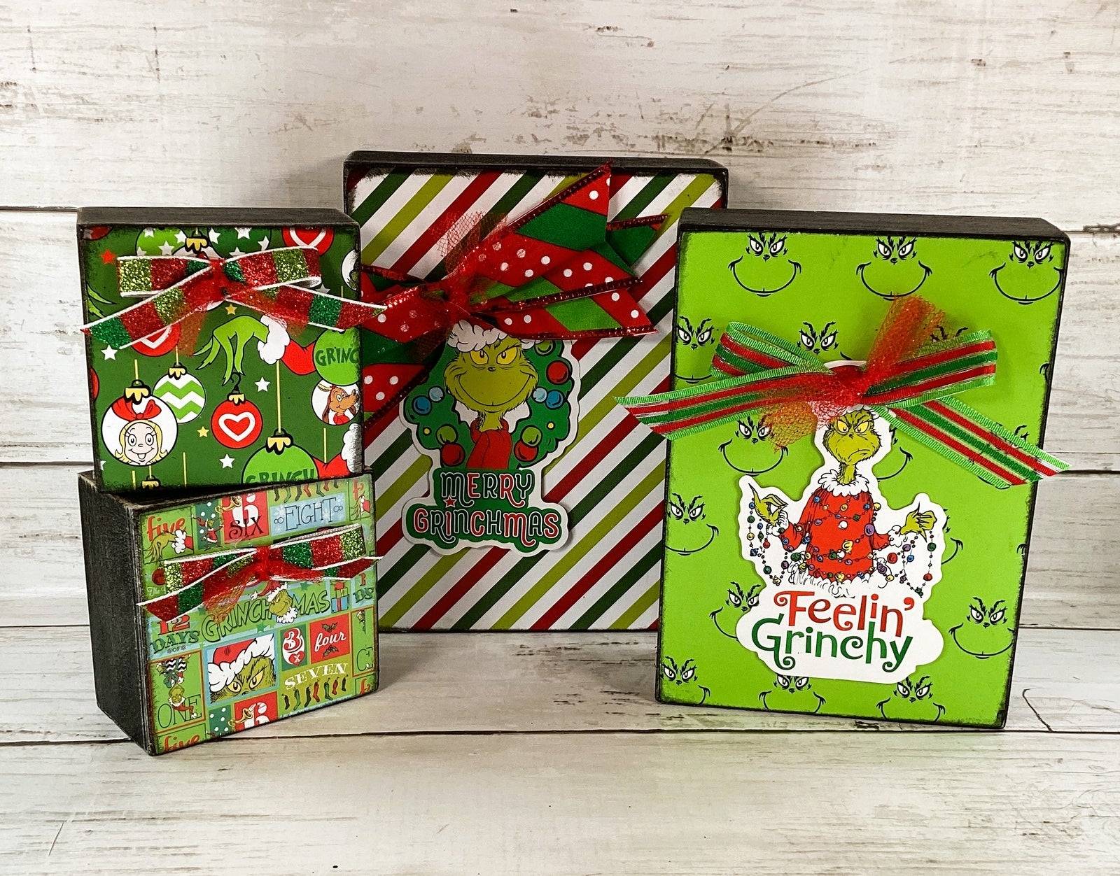 AGD Christmas Decor - Whimsy Green Monster Wood Gift Box Signs 2pc