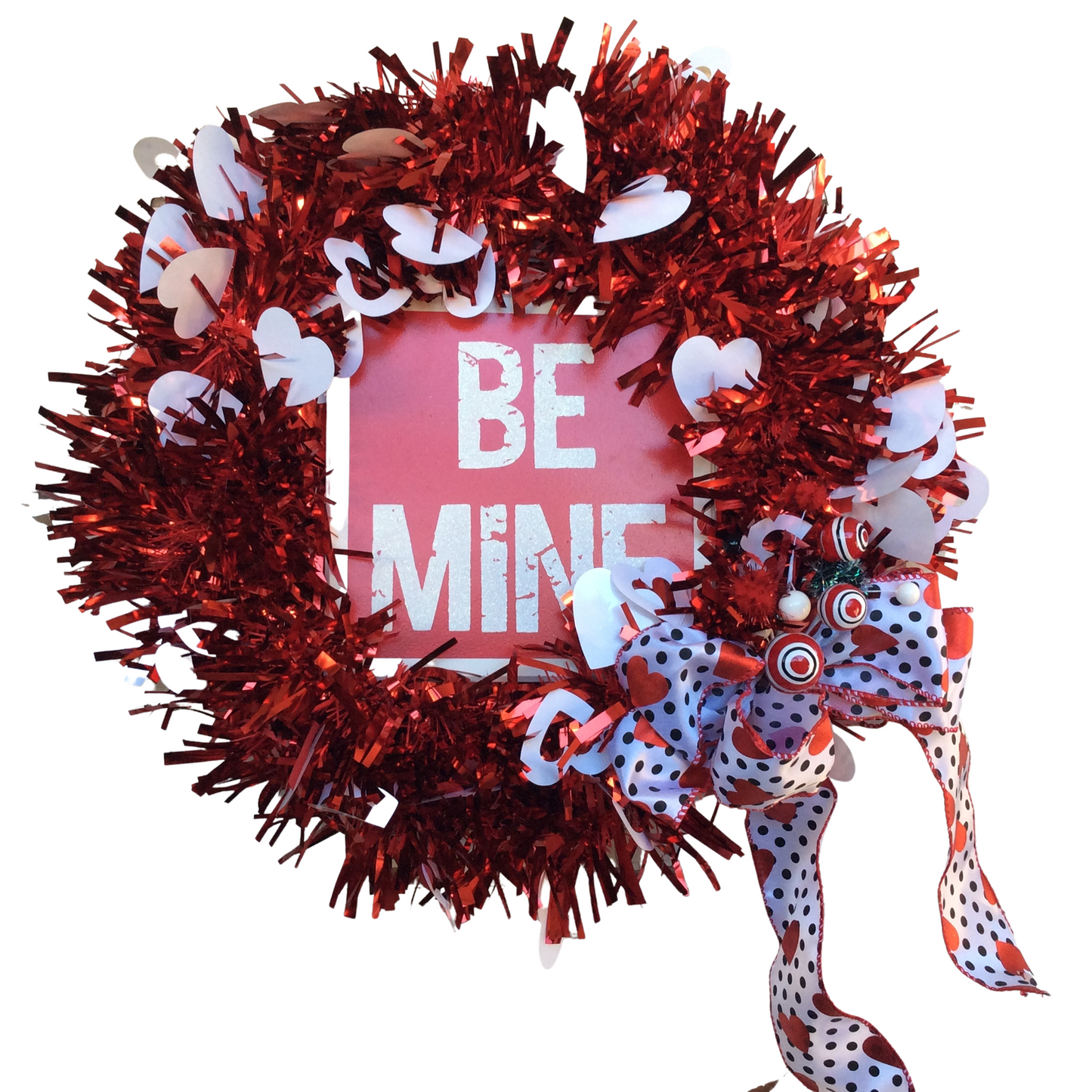 AGD Valentines Decor - Red White Be Mine Tinsel Wreath