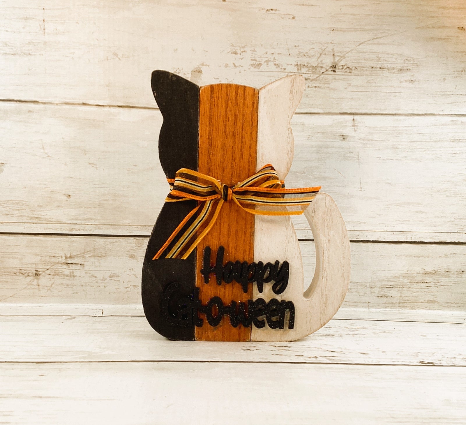 AGD Halloween Decor - Chunky Wood Black White Orange Slat Cat O Ween