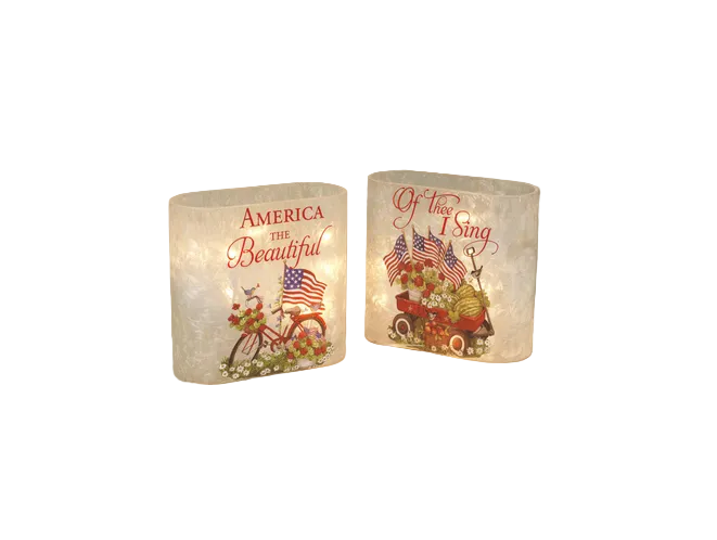 Gerson Patriotic Decor - Lighted Glass Luminary Block Signs 2pc Set