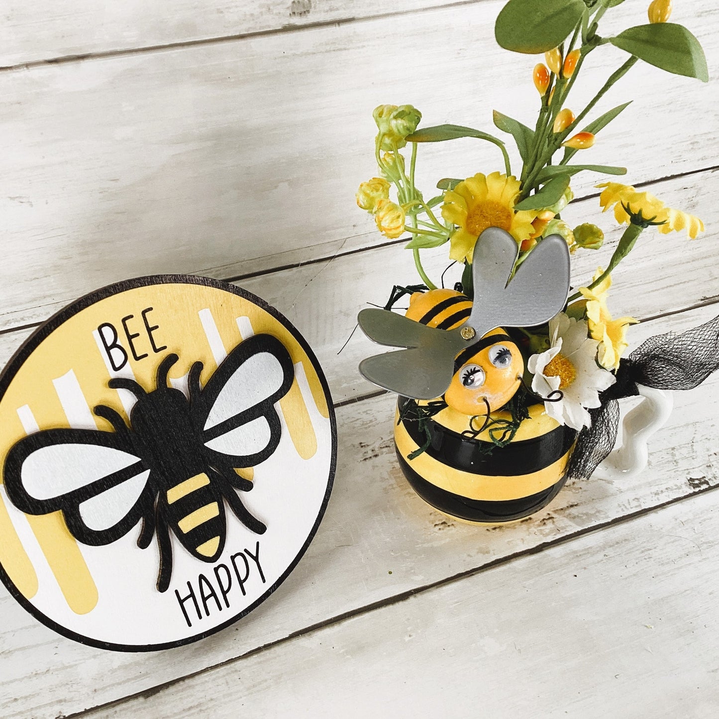 AGD Summer Decor - Bee Happy Theme Espresso Cup Flower Sign 2pc Set