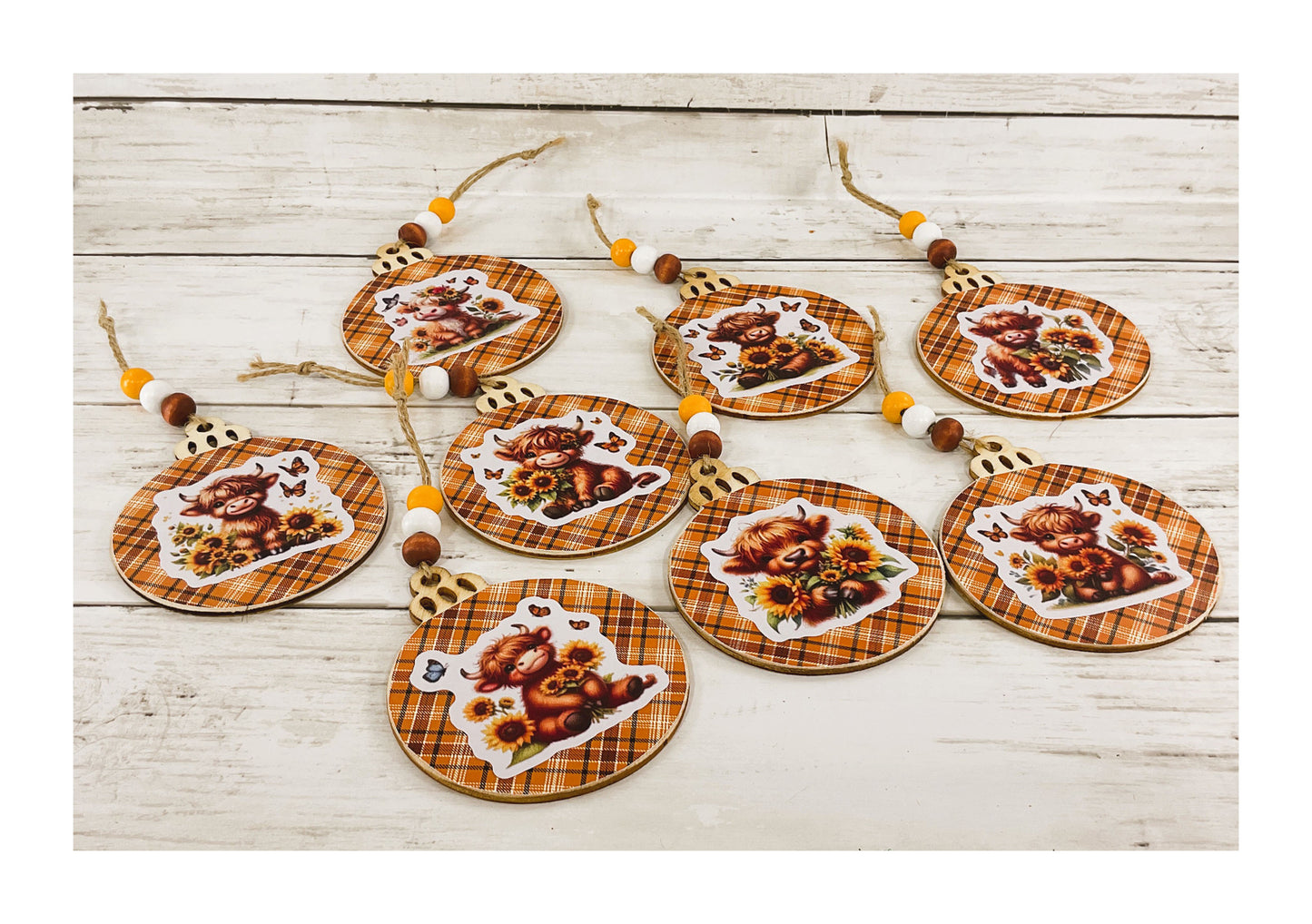 AGD Fall Decor - Sunflower Highland Cow Wood Ornaments 8pc Set