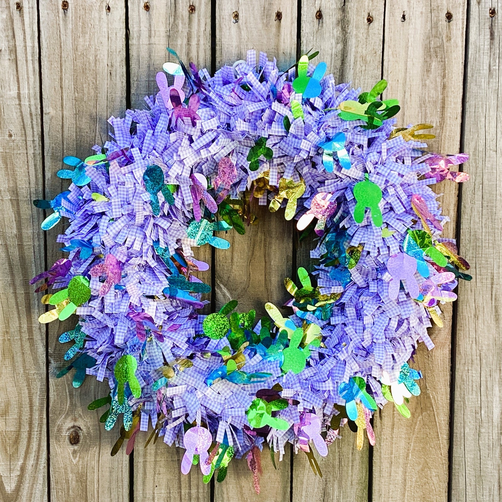 WM Easter Decor - Gingham Pastel Lavender White Metallic Wreath 18-inch