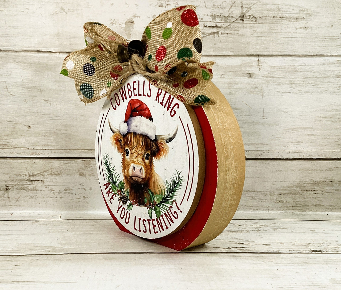 AGD Christmas Decor - Highland Cow Bells Ring Chunky Wood Bulb Sitter
