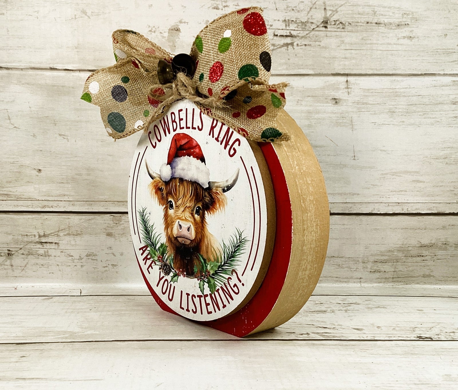 AGD Christmas Decor - Highland Cow Bells Ring Chunky Wood Bulb Sitter
