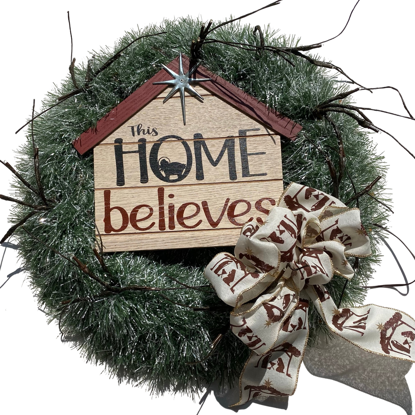 AGD Christmas Decor - Faux Pine This Home Believes Lighted Tinsel Wreath