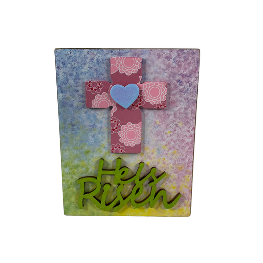 AGD Easter Decor - Pastel He Is Risen Cross Block Sign