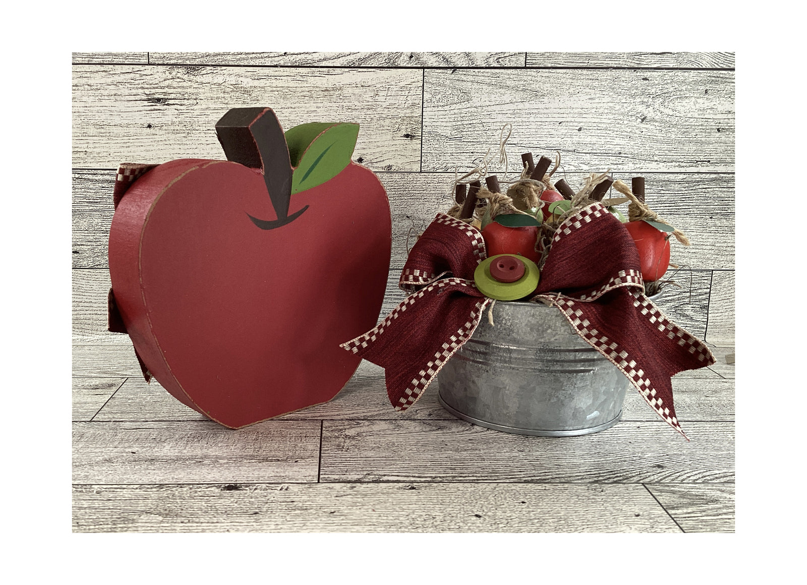 AGD Fall Decor - Chunky Wood Apple Sitter and Metal Tub 2pc Set