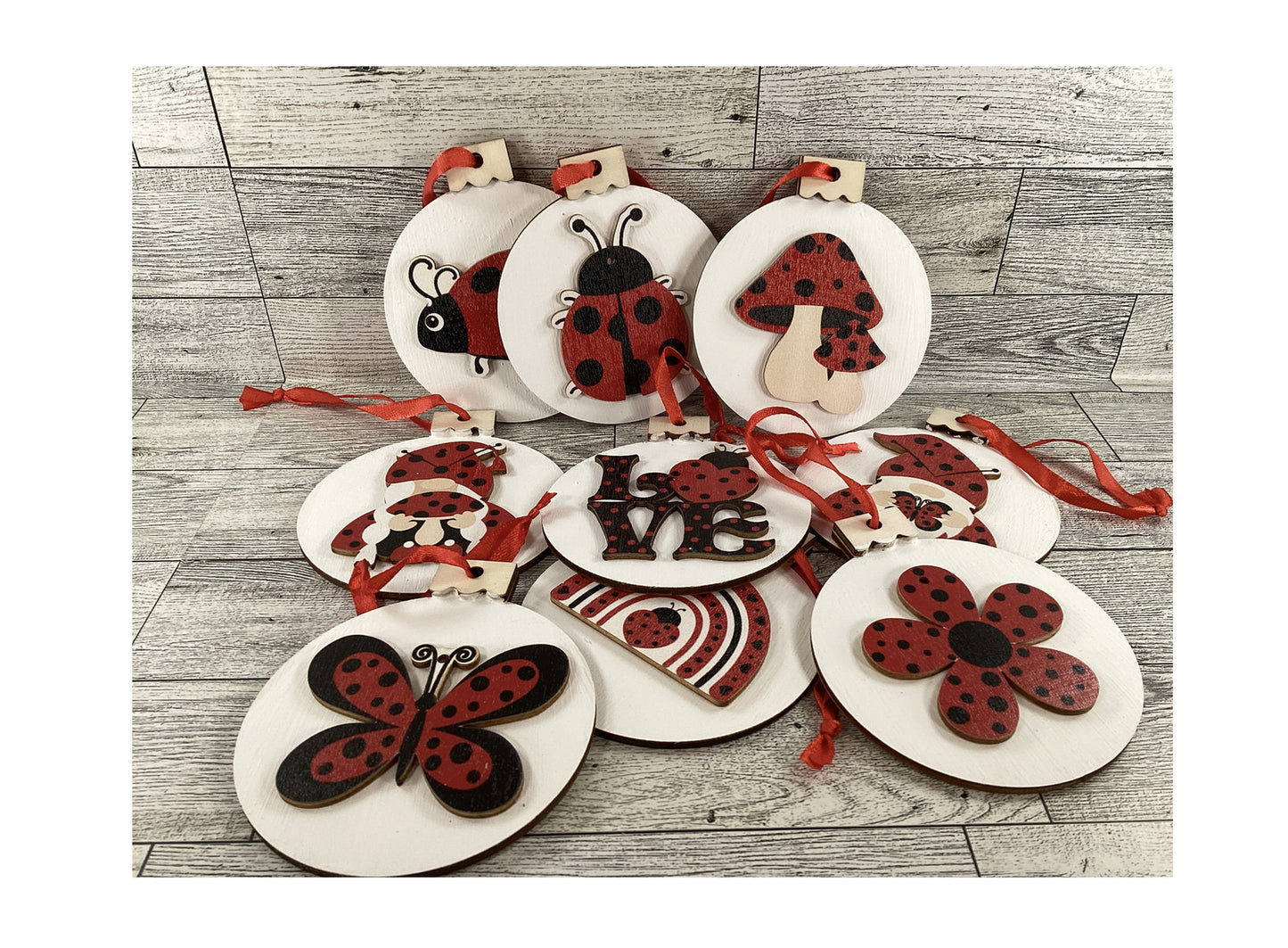 AGD Summer Decor - Ladybug Theme Layered Wood Ornaments 9pc