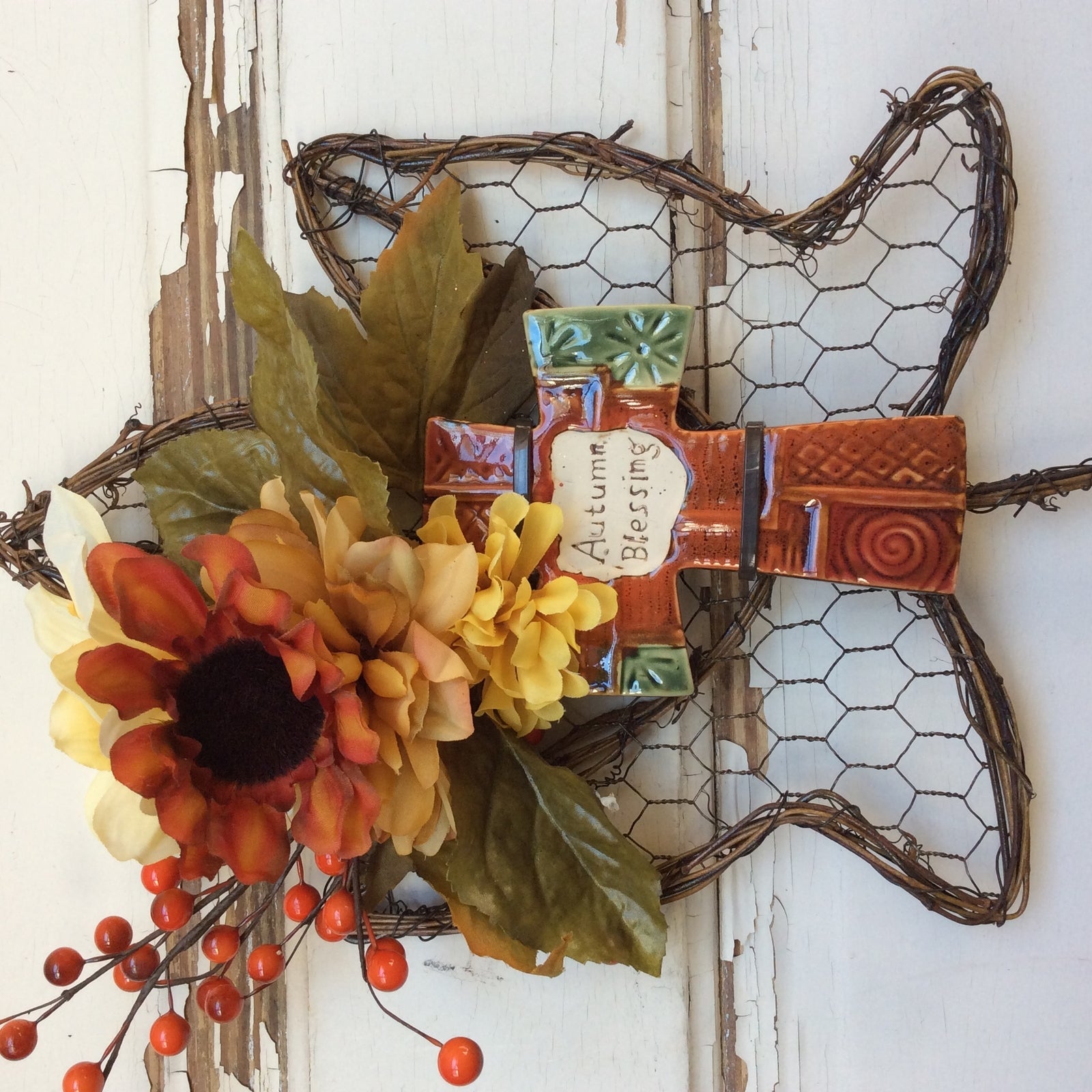 AG Designs Fall Harvest Decor – Grapevine Maple Leaf Wreath Blessings Cross