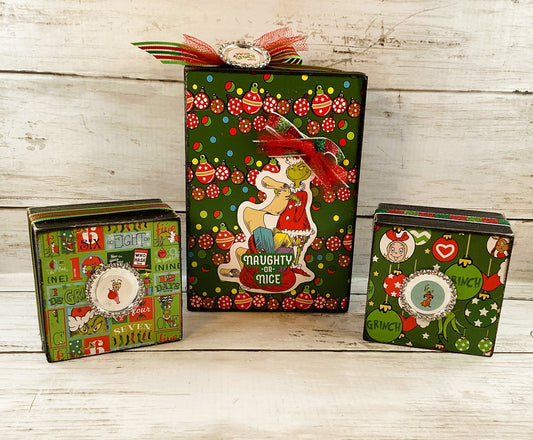 AGD Christmas Decor - Whimsy Green Monster Wood Gift Box Signs 3pc