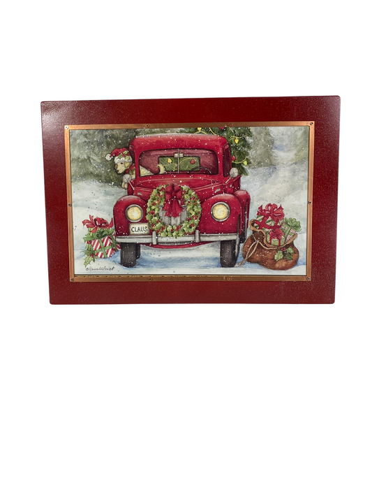 AGD Christmas Decor -  Vintage Claus Red Truck and Puppy Box Sign
