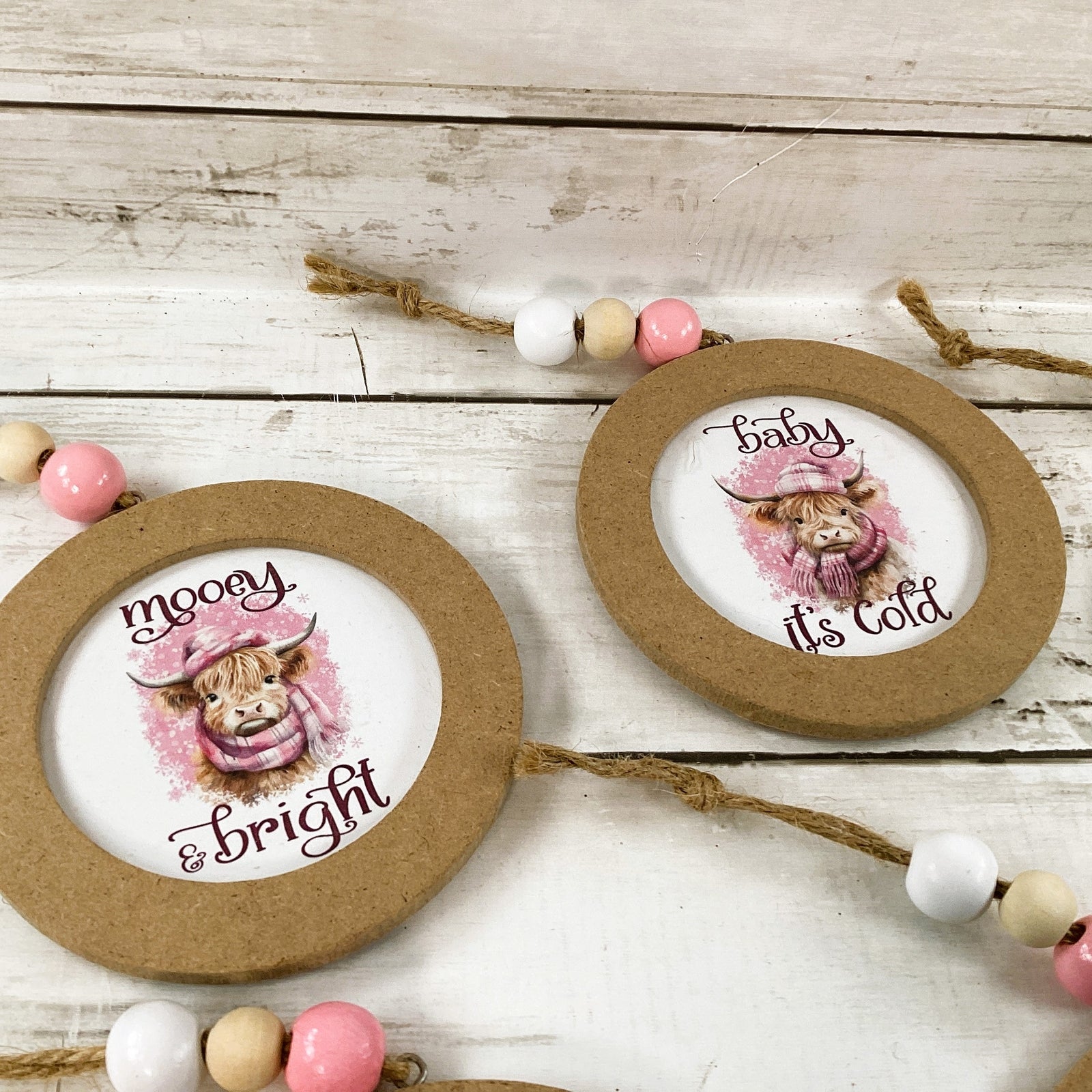 AGD Christmas Decor - Pink Highland Scottish Cow Ornaments 4pc Set