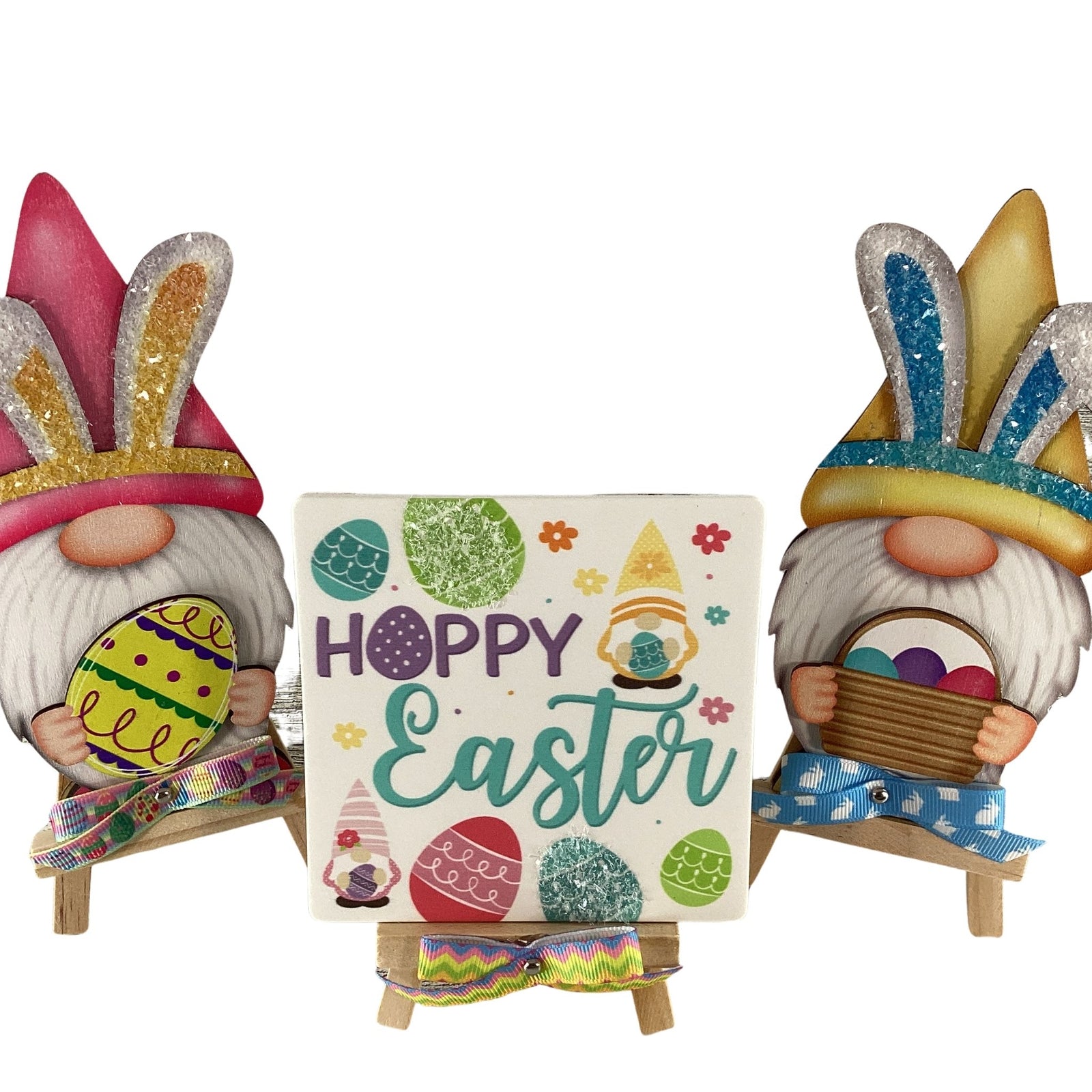 AGD Easter Decor - Wood Gnome Glitter Bunny Rabbit Tier Tray 3pc Set