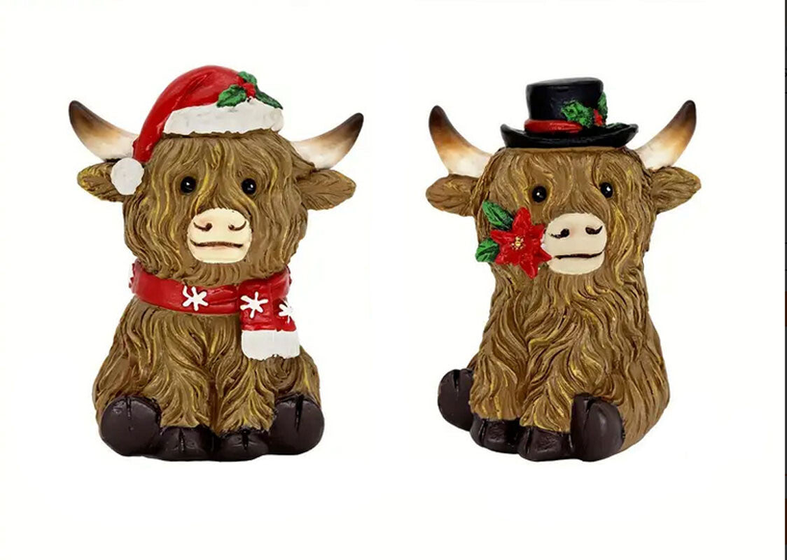 AGD Christmas Decor - Resin Scottish Highland Cow Couple Figurines 3pc Set