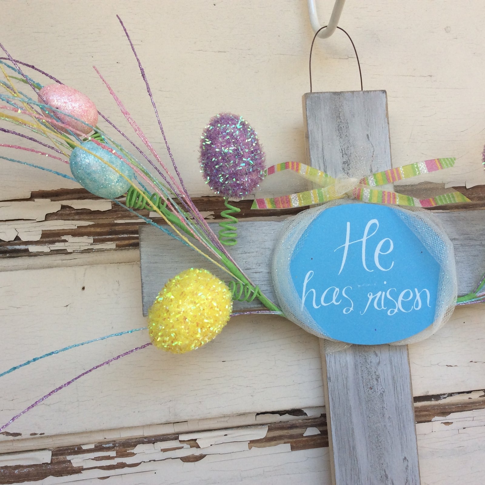 AGD Easter Decor –  He Has Risen White Wash Wood Cross