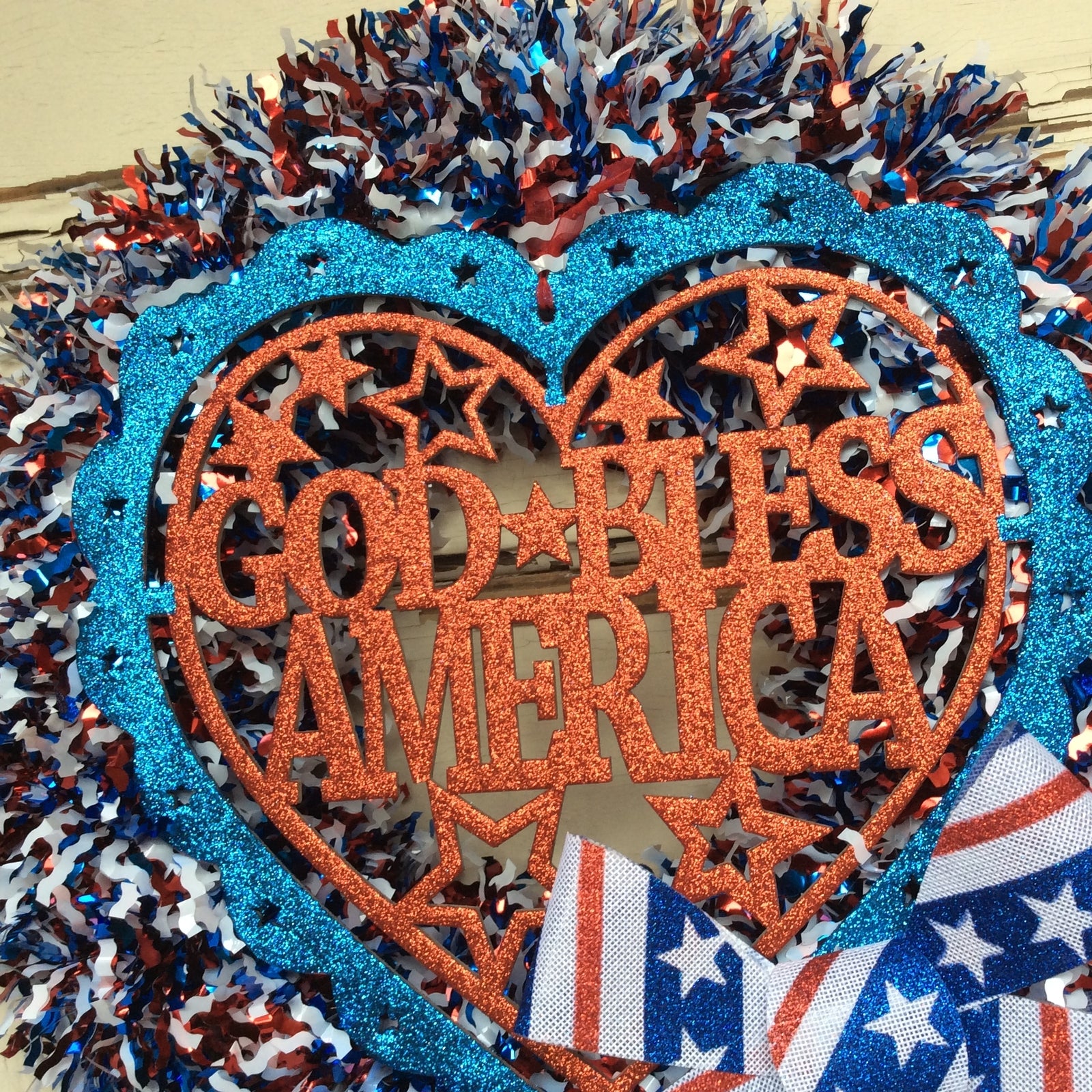 AGD Patriotic Decor - July 4th God Bless America Tinsel Wreath