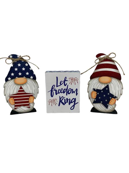 AGD Patriotic Decor - Gnome Let Freedom Ring Box Sign 3pc Set