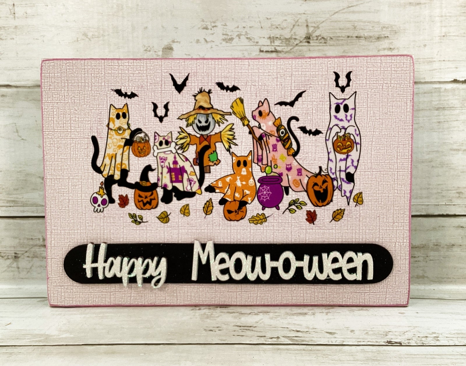 AGD Halloween Decor - Pastel Ghost Kitty Cats Meow O Ween Box Sign