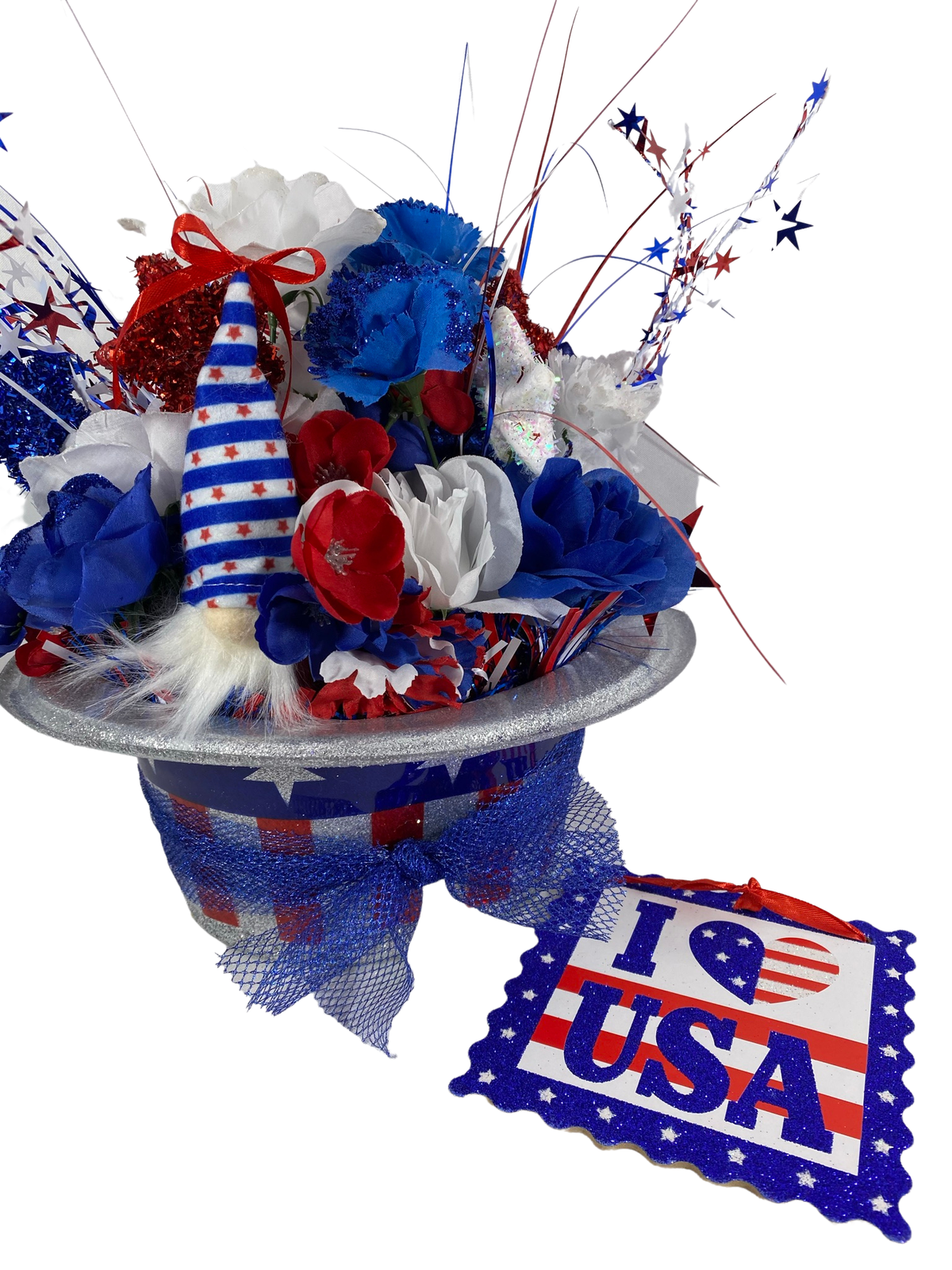 AGD Patriotic Decor  - Love the USA July 4th Gnome Floral Hat Centerpiece
