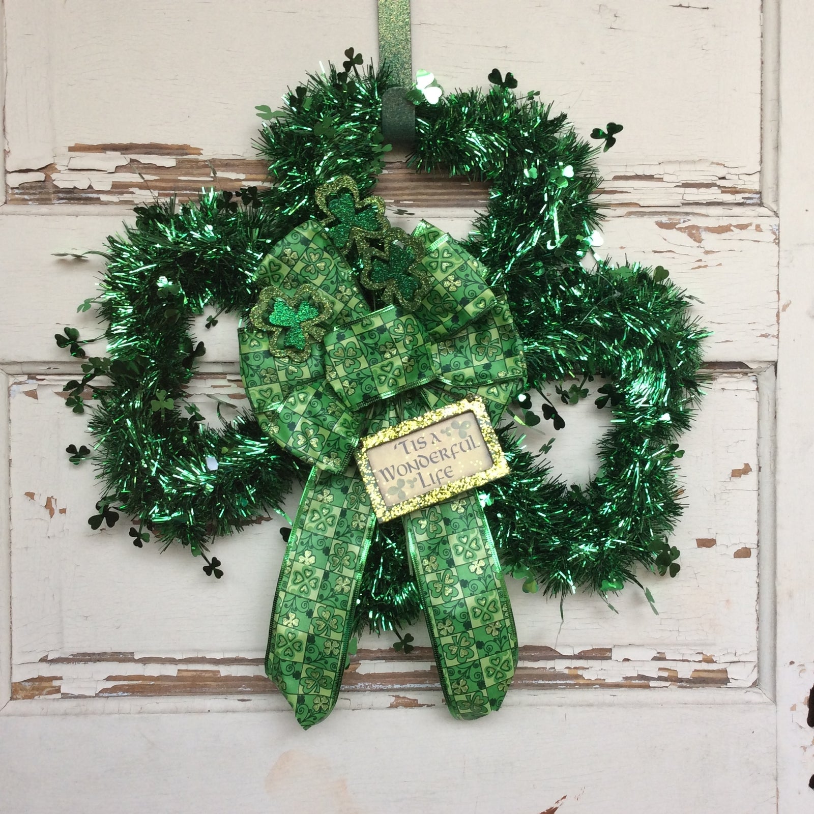 AGD St Patrick's Day Decor - Green Tinsel Shamrock Live Love Laugh Wreath