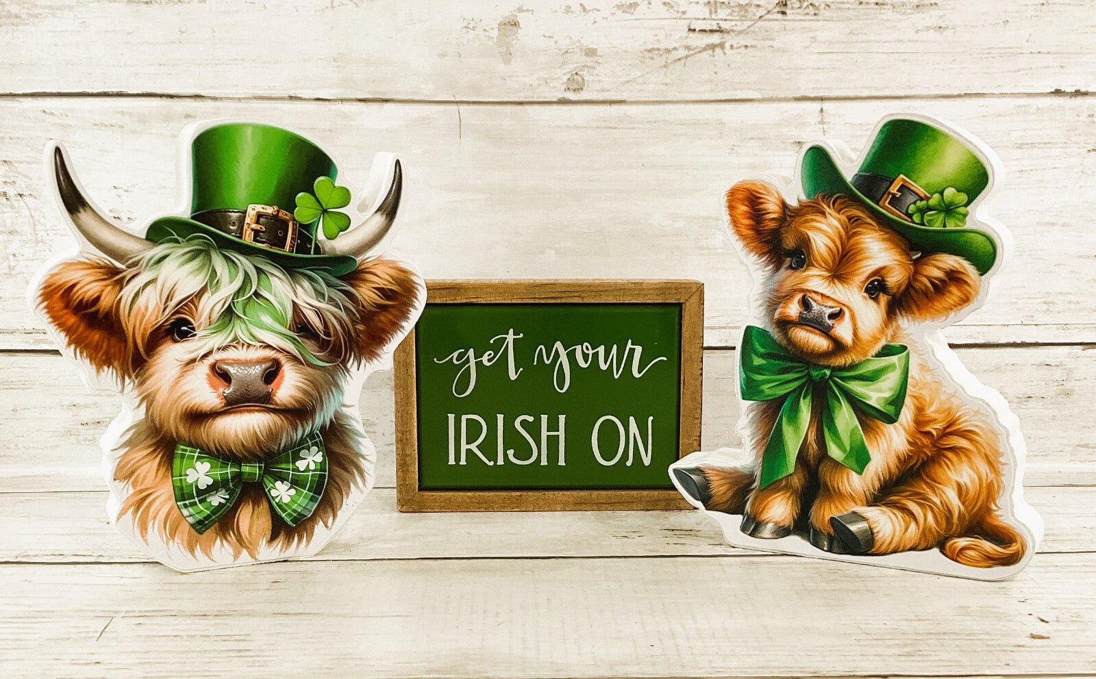 HL St Patrick Decor - Irish Shamrock Highland Cow Chunky Wood Sitter