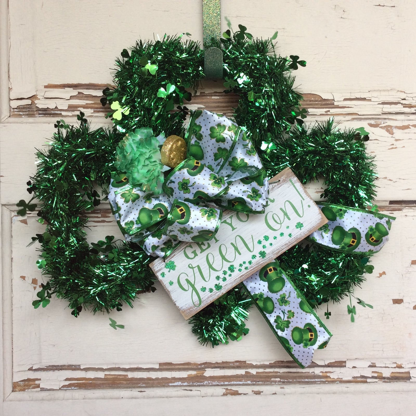 AGD St Patrick's Day Decor - Green Tinsel Shamrock Get Your Green On Wreath