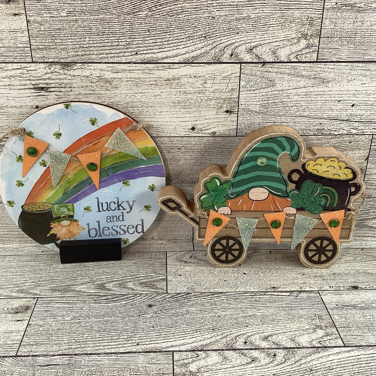 AGD St Patrick's Decor - Lucky Blessed Gnome Chunky Wagon Sign 2pc Set