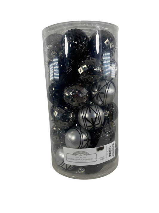 WM Christmas Decor - Assorted Black Pewter Gray Plastic Ornament Bulbs 41pc Set