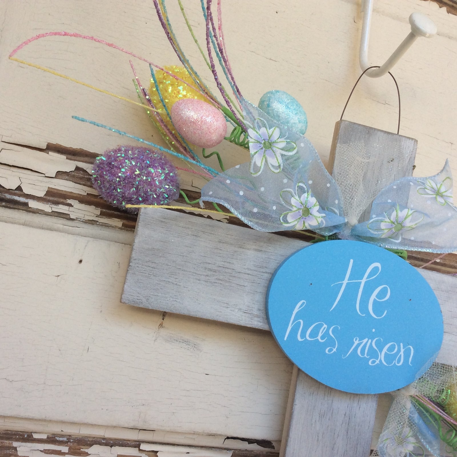 AGD Easter Decor –  He Has Risen White Wash Wood Cross