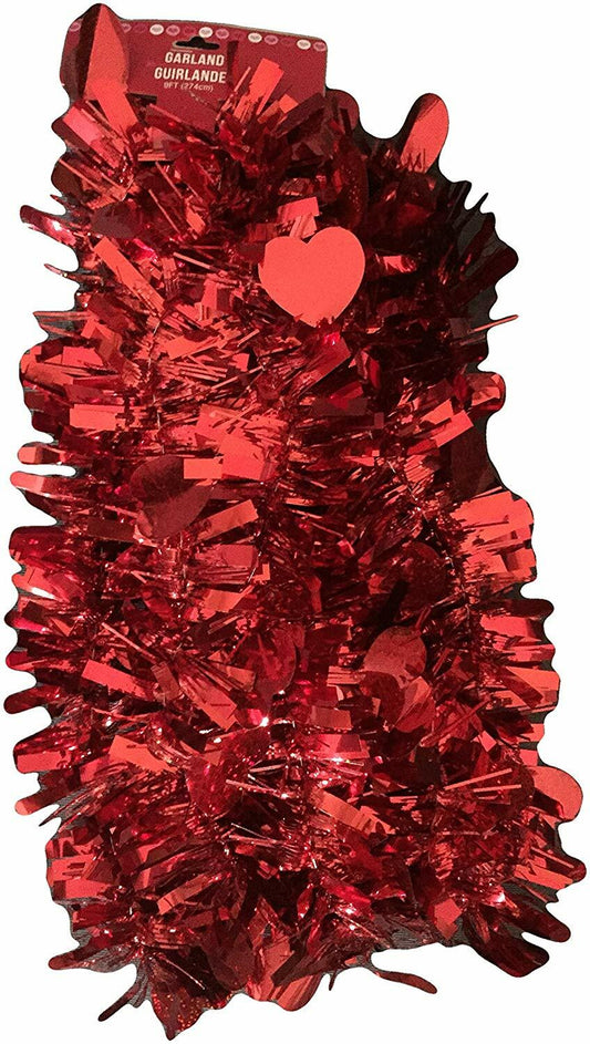 HL Valentines Decor - Red Thick Tinsel Red Hearts Garland 9ft