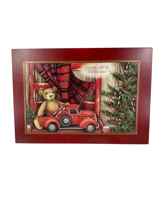 AGD Christmas Decor - Vintage Red Truck and Teddy Bear Box Sign