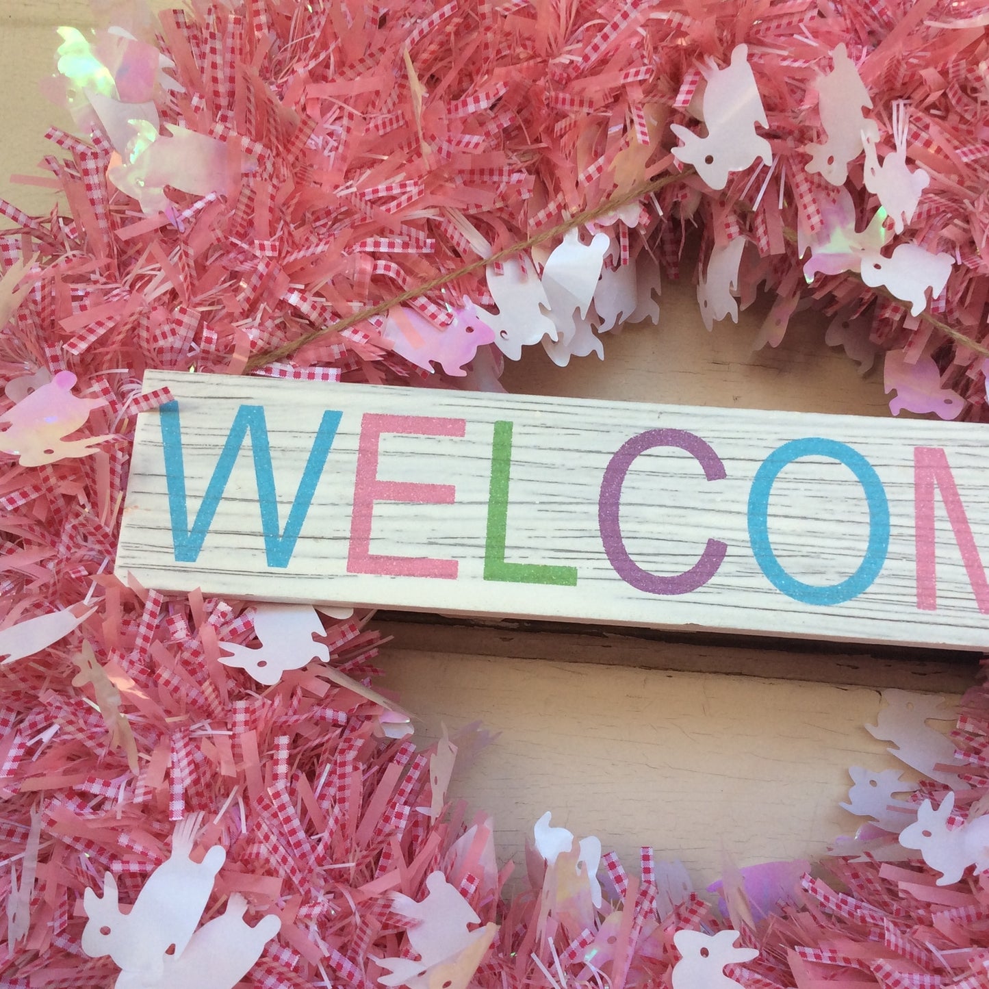 AGD Spring Decor - Welcome Happy Easter PINK Tinsel Wreath & Garland